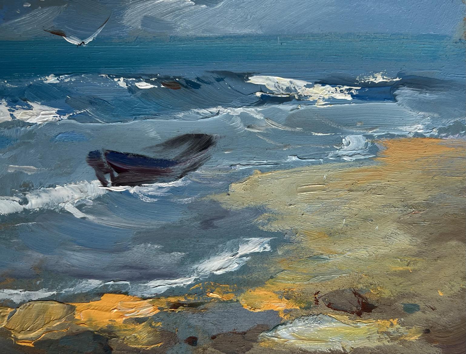 Textured oil painting of stormy sea with boat and seagulls by Yuriy Suprunchuk