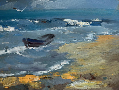 Textured oil painting of stormy sea with boat and seagulls by Yuriy Suprunchuk