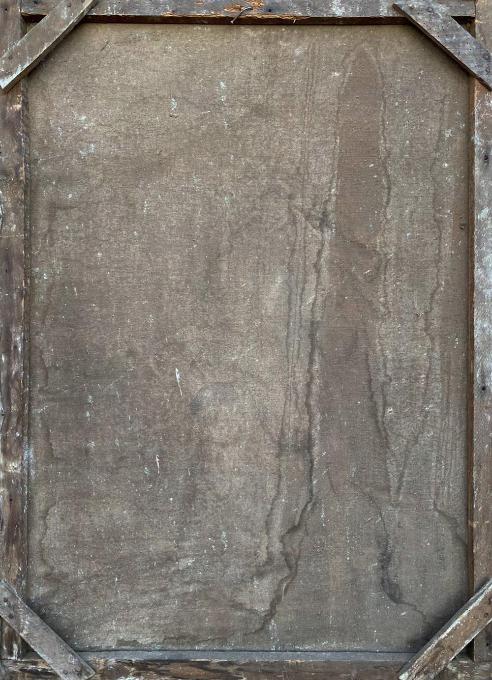 Weathered gray canvas in rustic wooden frame, oil painting on masonry by unknown artist