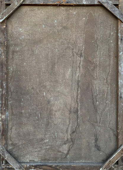 Weathered gray canvas in rustic wooden frame, oil painting on masonry by unknown artist