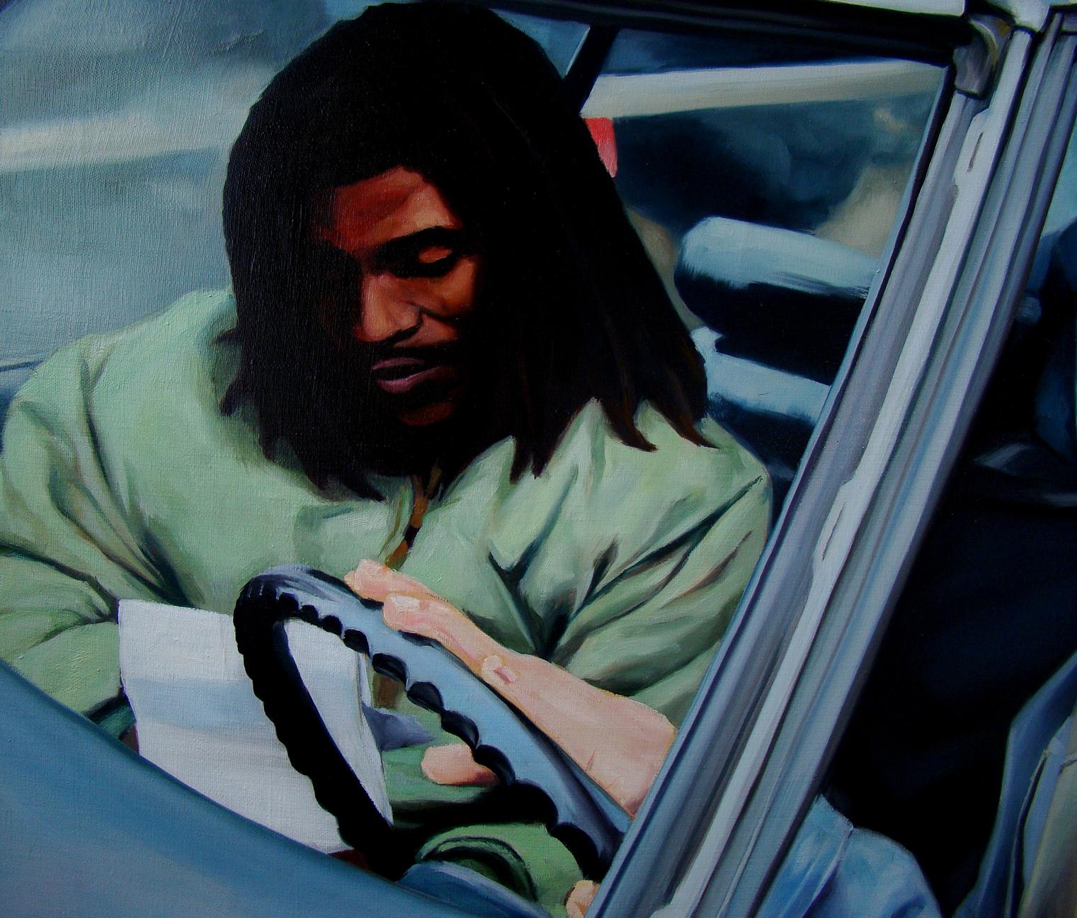 Oil painting of Eminem with long hair in green shirt driving car by Yulia Lihina
