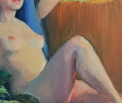 Impressionistic oil painting of figure blue-haired girl Oksana Osnach reclining
