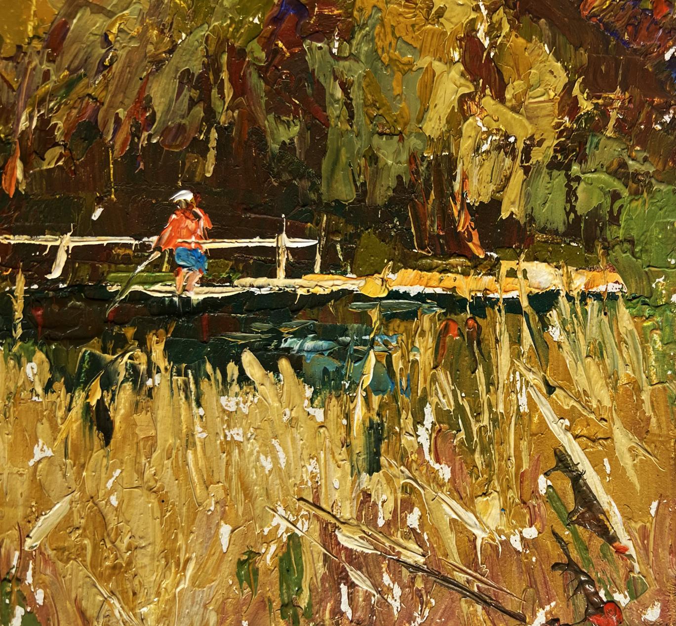 Impressionistic oil painting of figure on wooden bridge over river by Oleksiy Ivanyuk