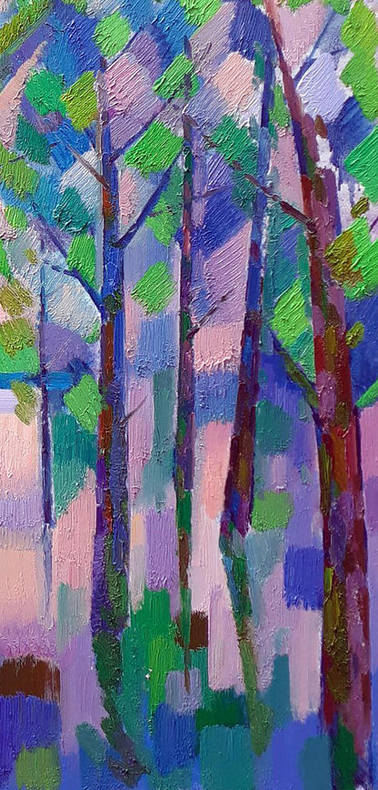 Vibrant abstract oil painting Flood by Peter Dobrev with textured trees