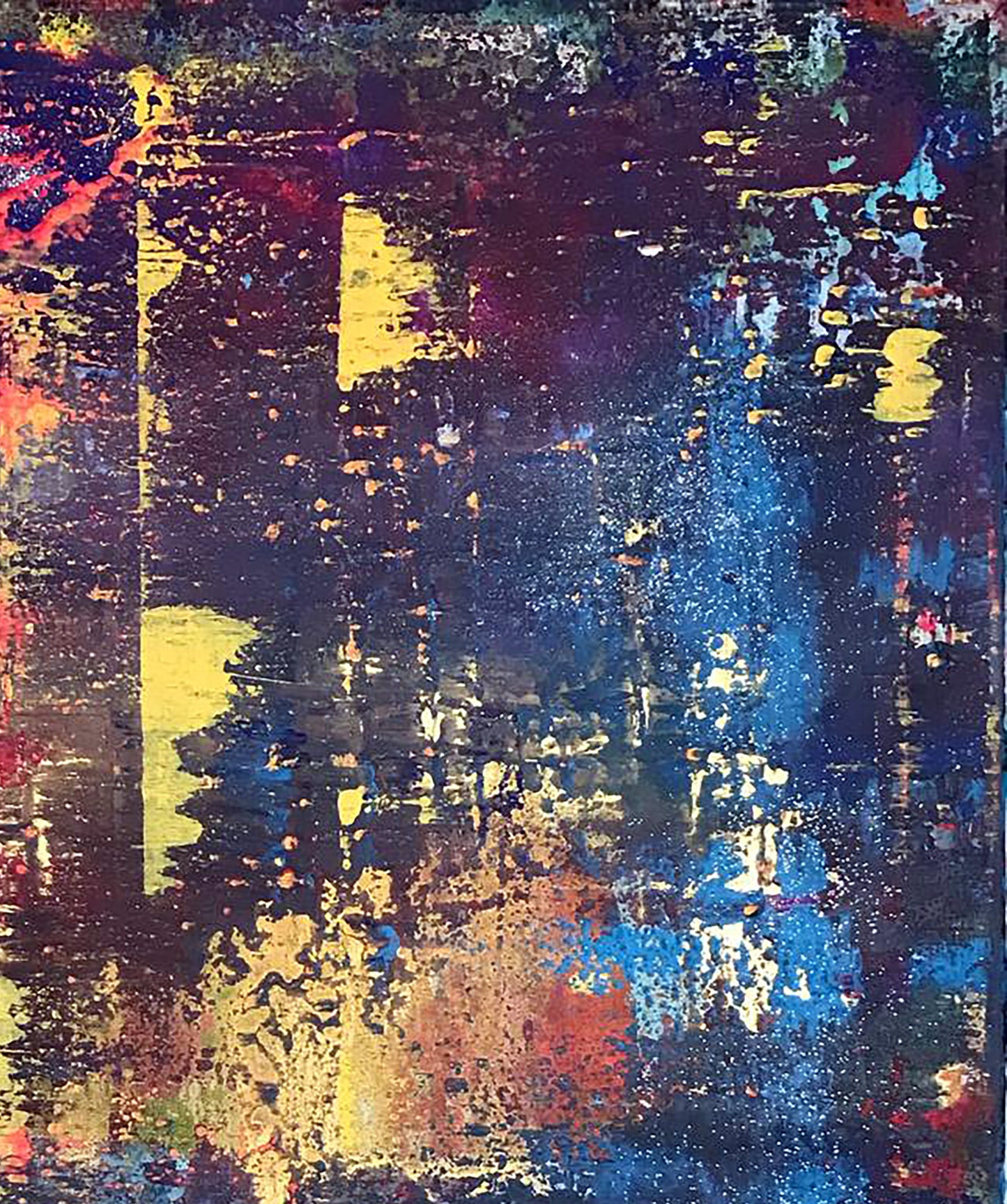 Abstract A sleepless night painting with bold yellow blue red purple splashes on dark textured background