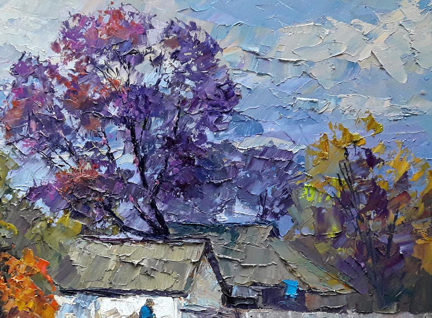 Oil painting Autumn chores by Boris Serdyuk: purple pink tree blossoms