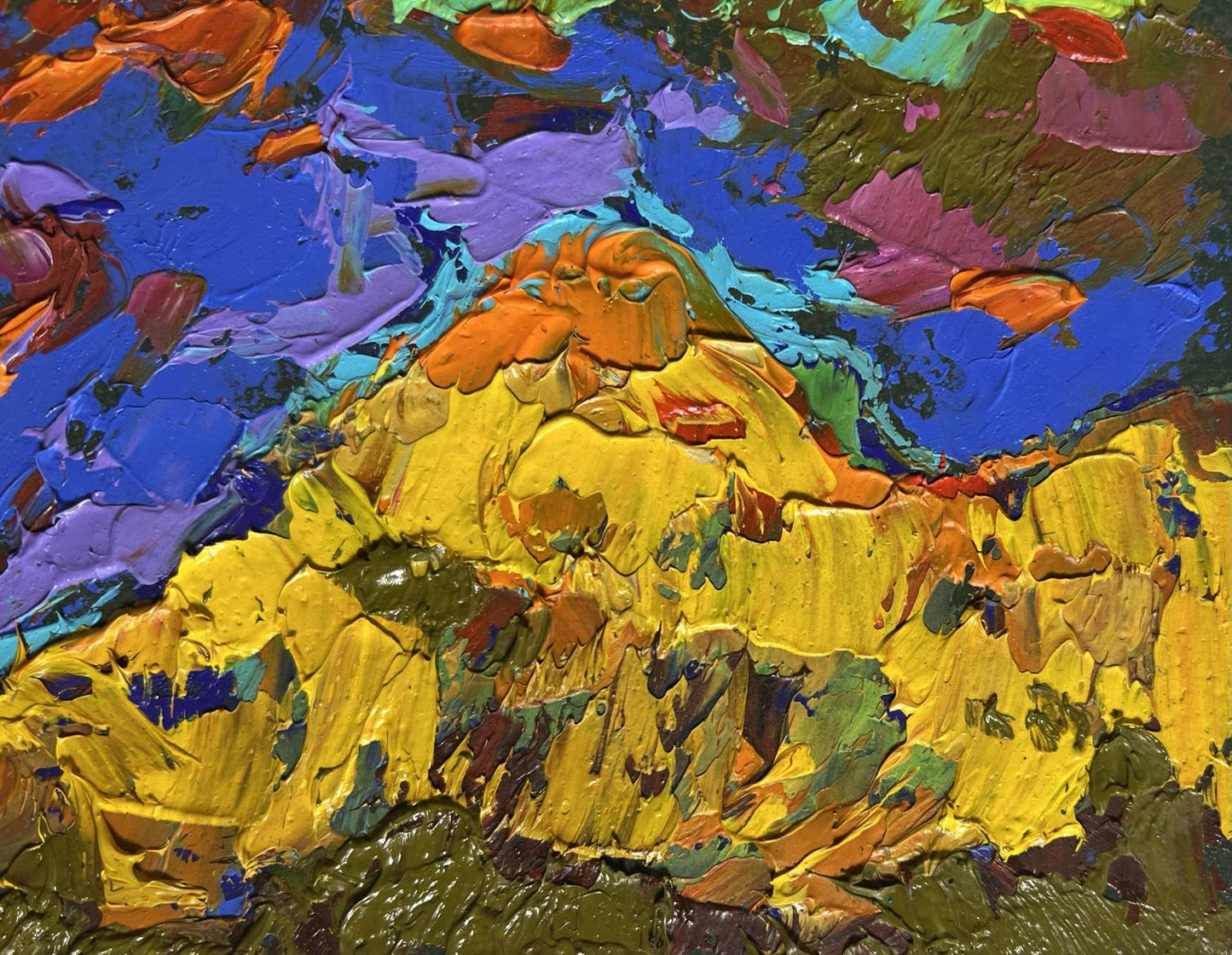 Oil painting Geese on the Hill by Oleksiy Ivanyuk with vibrant yellow orange mountains