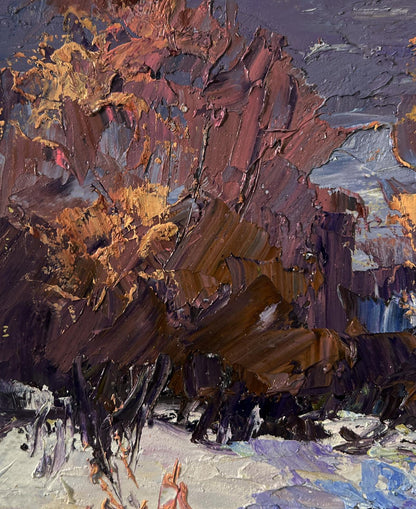 Impressionistic oil painting of winter stream by Boris Serdyuk