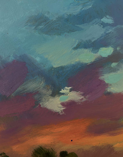 Vibrant oil painting of orange sunset over river by Yuriy Suprunchuk