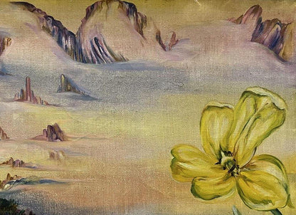 Vibrant yellow flower oil painting by Valentina Polyanitsyna in desert landscape