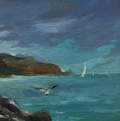 Oil painting of seagull over turbulent turquoise sea storm by Yuriy Suprunchuk
