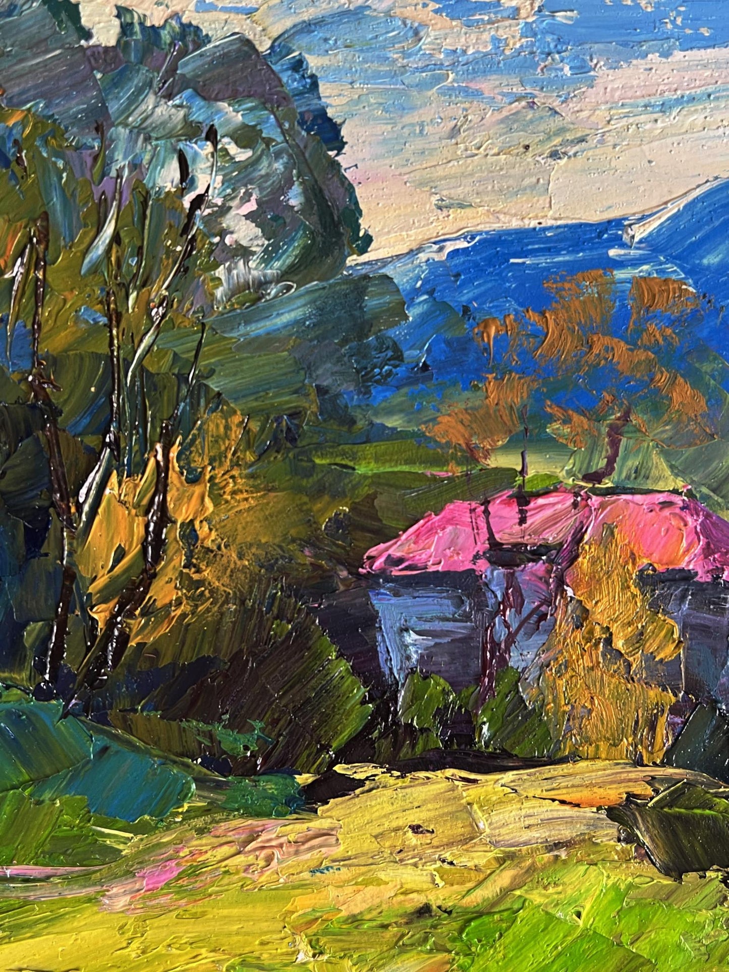 Vibrant impressionist oil painting The House with the Pink Roof by Boris Serdyuk