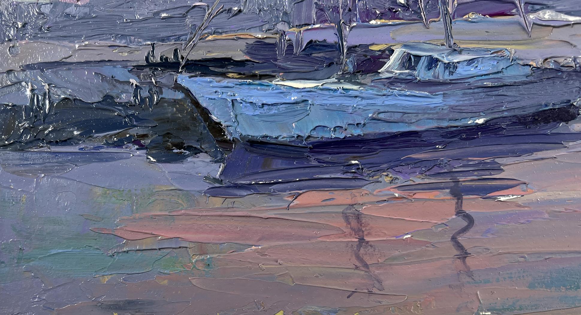 Oil painting Yacht in evening sky colors by Boris Serdyuk