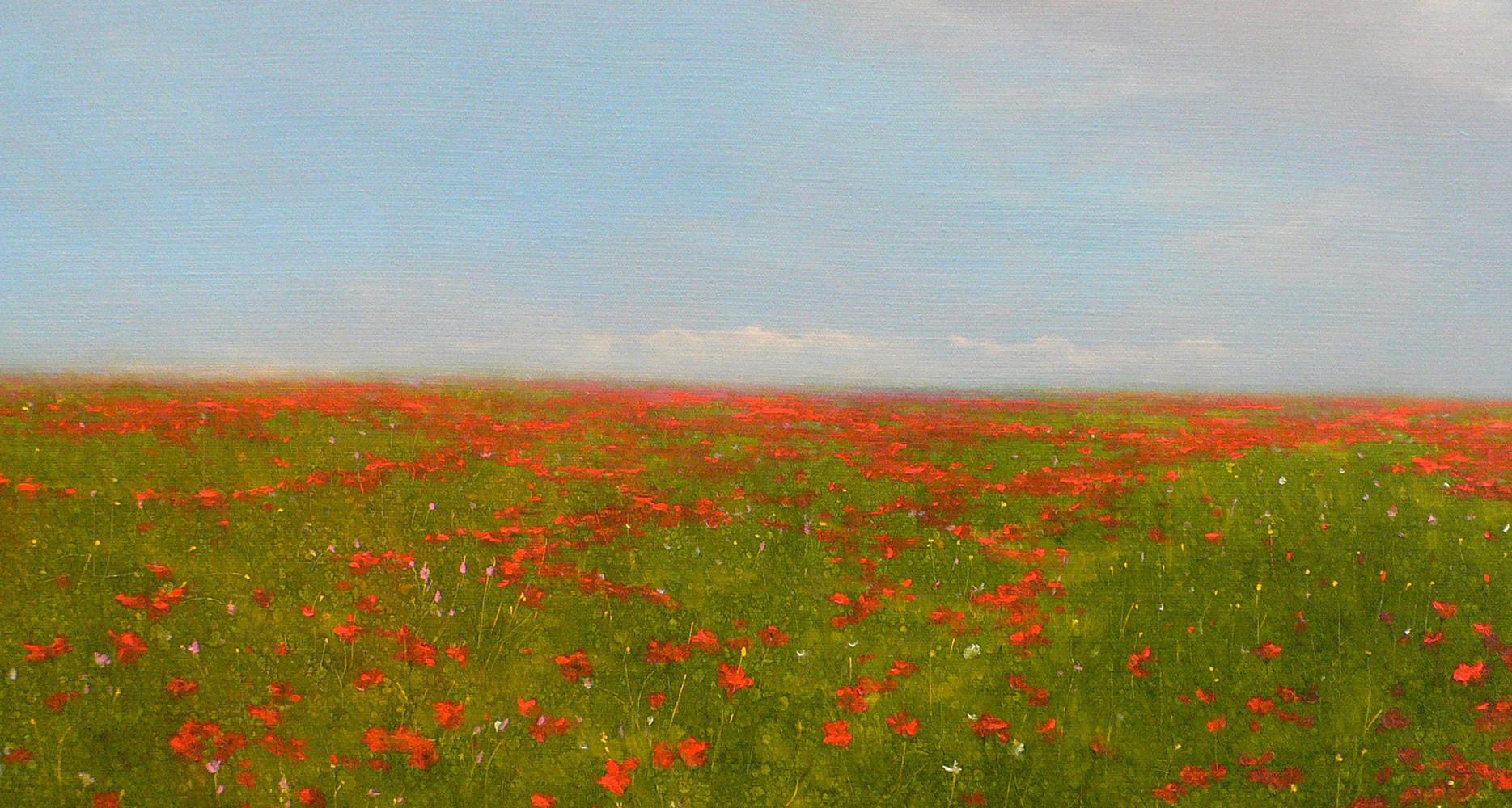 Oil painting of blooming red poppy field by Vasily Korkishko