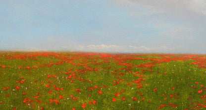 Oil painting of blooming red poppy field by Vasily Korkishko
