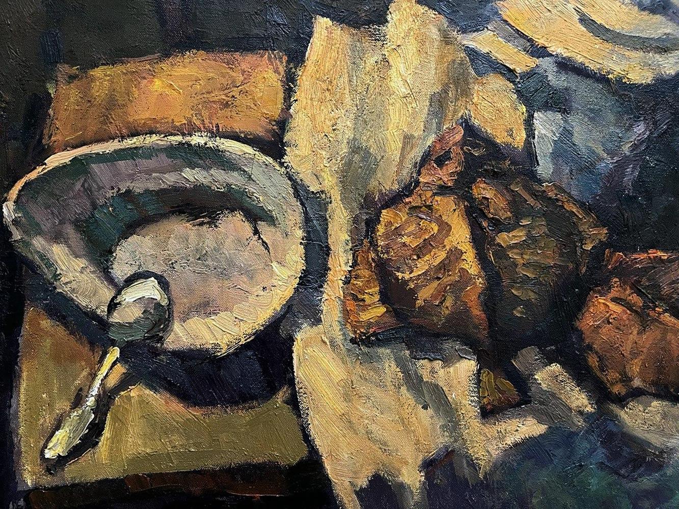 Textured impressionistic oil painting Evening Still Life by Oleksandr Andreev, rustic bowl with spoon