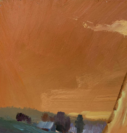 Oil painting Romantic evening swim by Yuriy Suprunchuk with orange textured sky over dark trees
