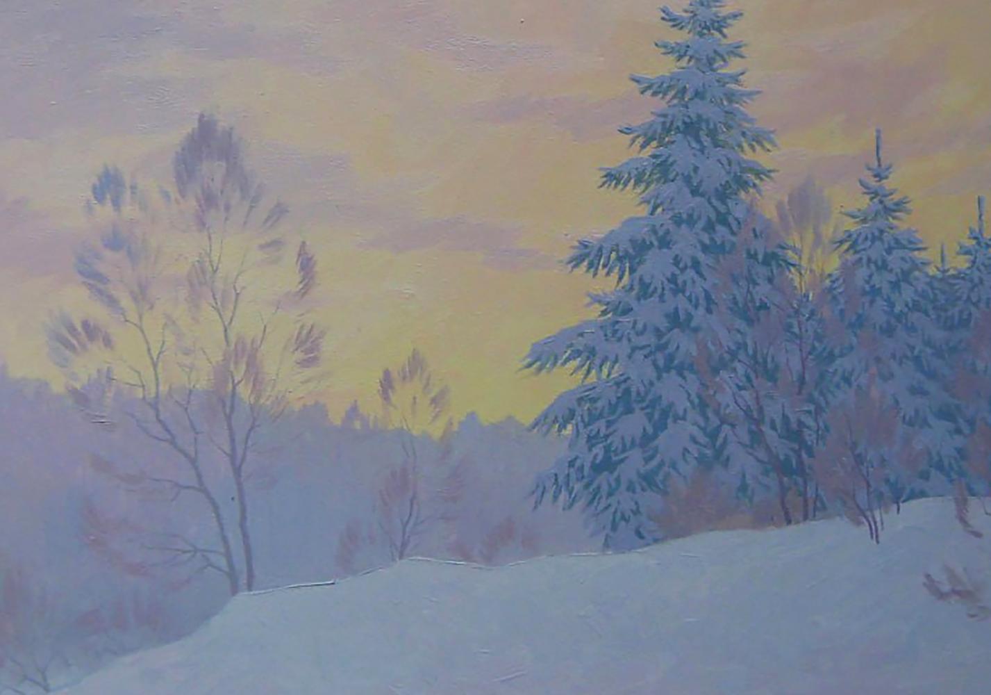 Oil painting Winter sleep in the forest by Valery Savenets, snowy evergreens