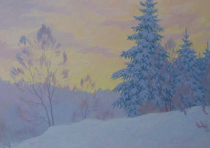 Oil painting Winter sleep in the forest by Valery Savenets, snowy evergreens