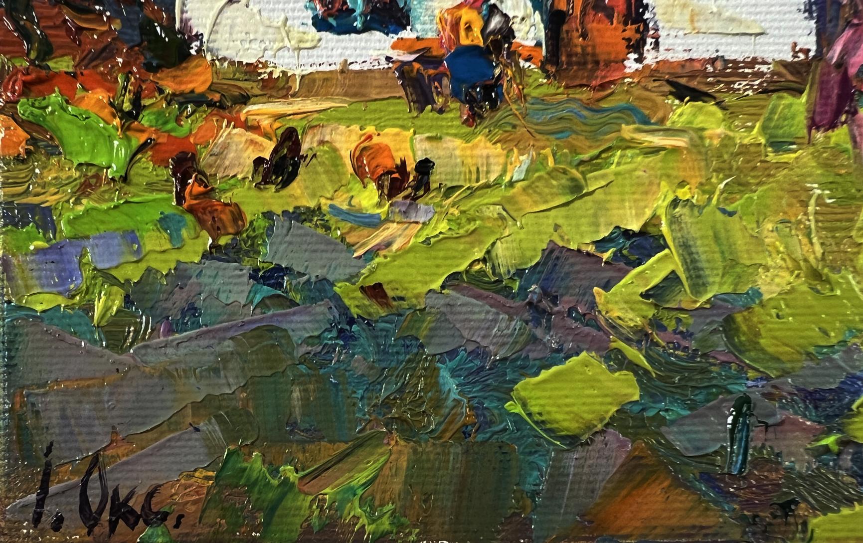 Vibrant impressionist oil painting of flowering bush in garden by Oksana Ivanyuk