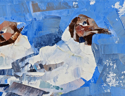 Oil painting Friendly bird walk by Volodymyr Gluhomanyuk with bold blue impasto