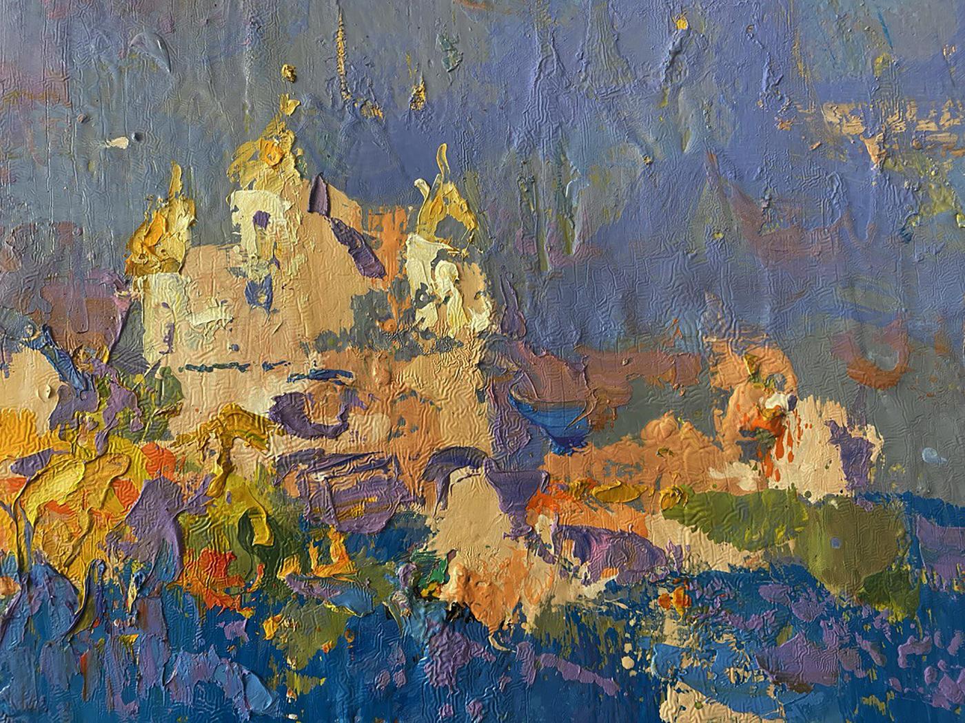 Textured impressionist oil painting of sunset castle by Oleksiy Ivanyuk