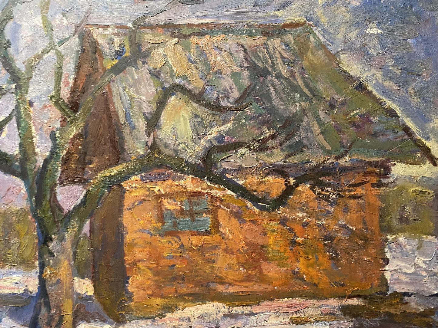 Oil painting March by Stanislav Petrashevsky: rustic orange-brown house