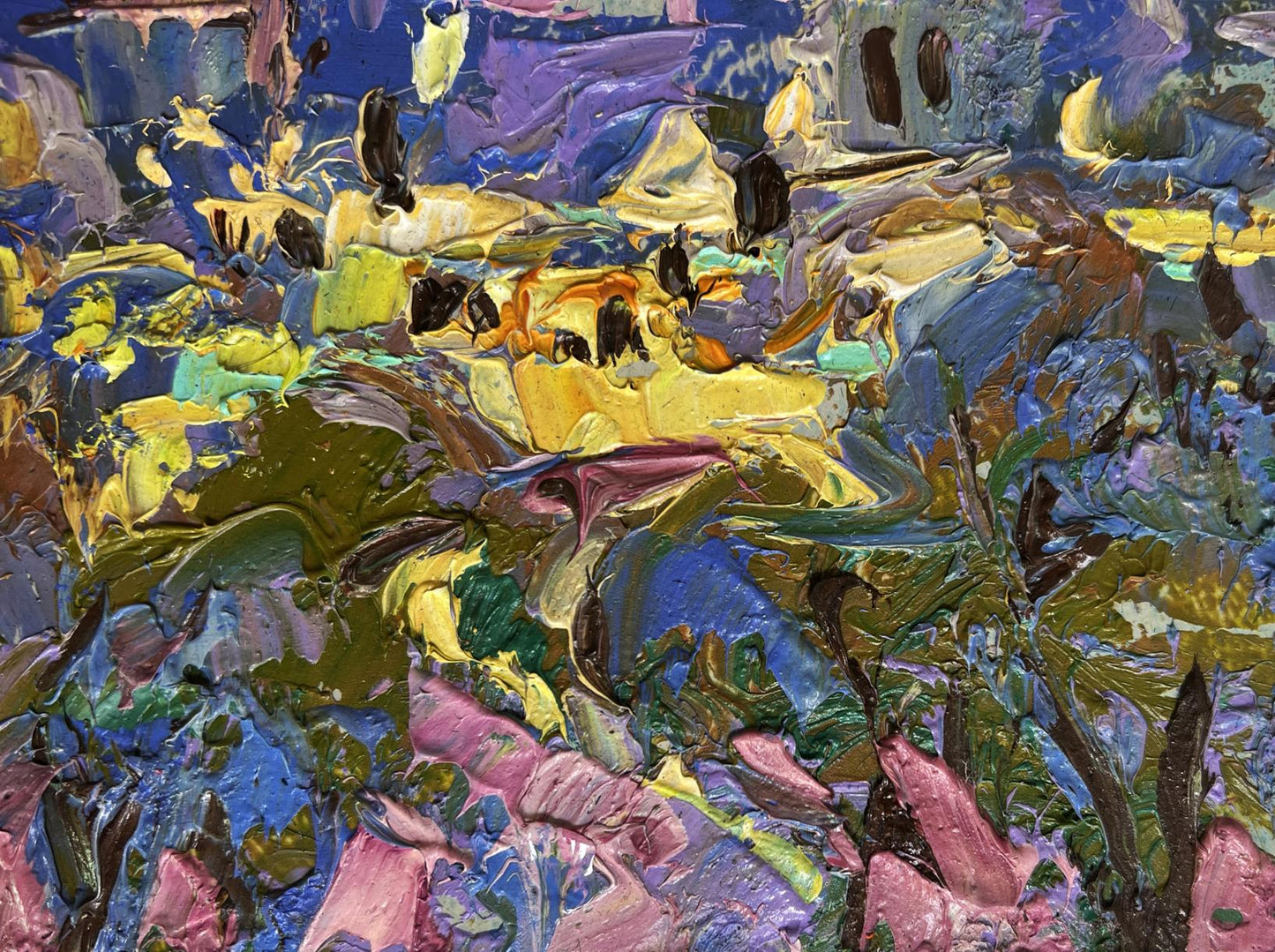 Oil painting of yellow sunset over city by Oleksiy Ivanyuk