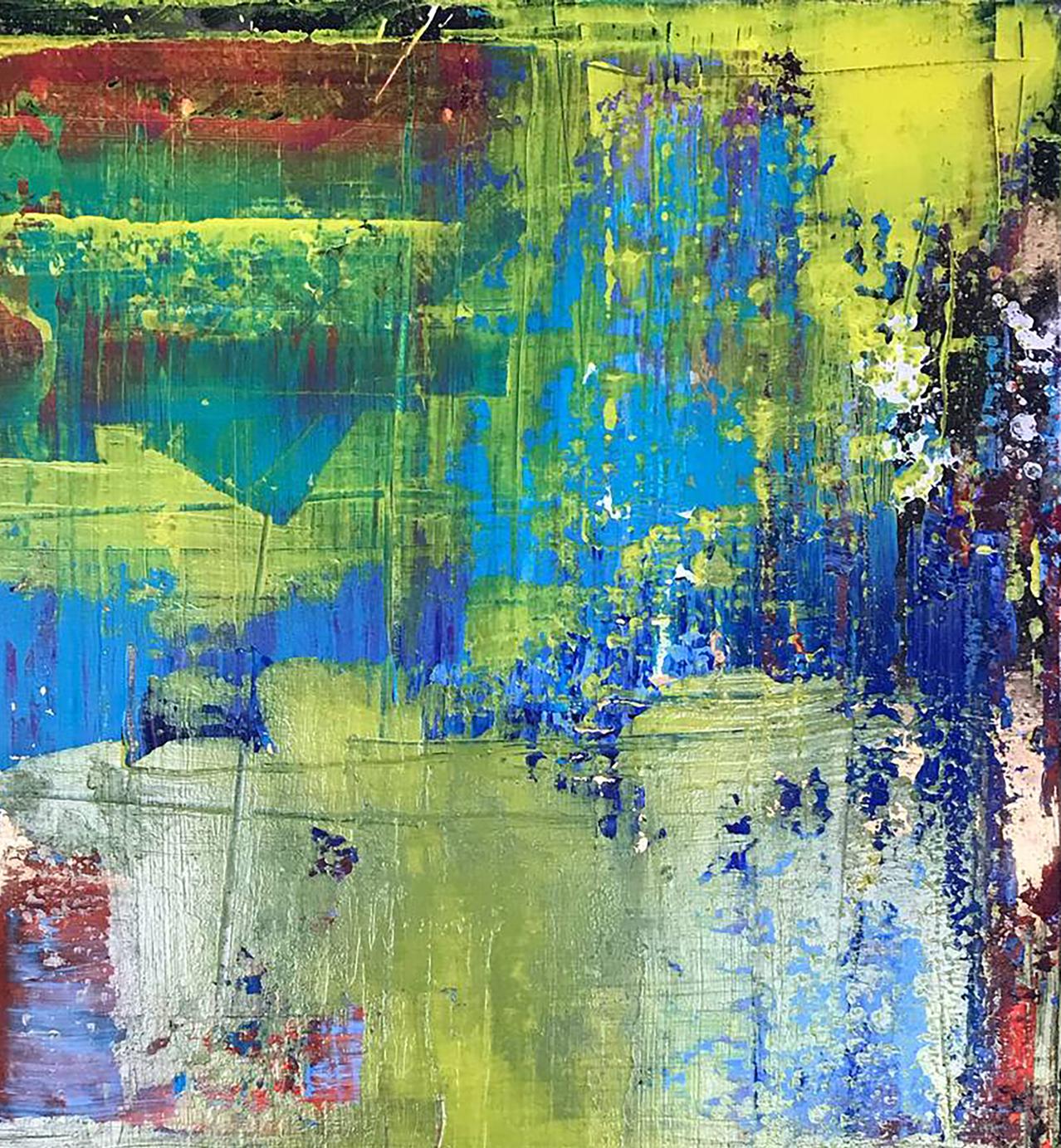 Vibrant Tender Summer acrylic painting by Olga Melezhik with bold green, blue, yellow strokes on textured canvas