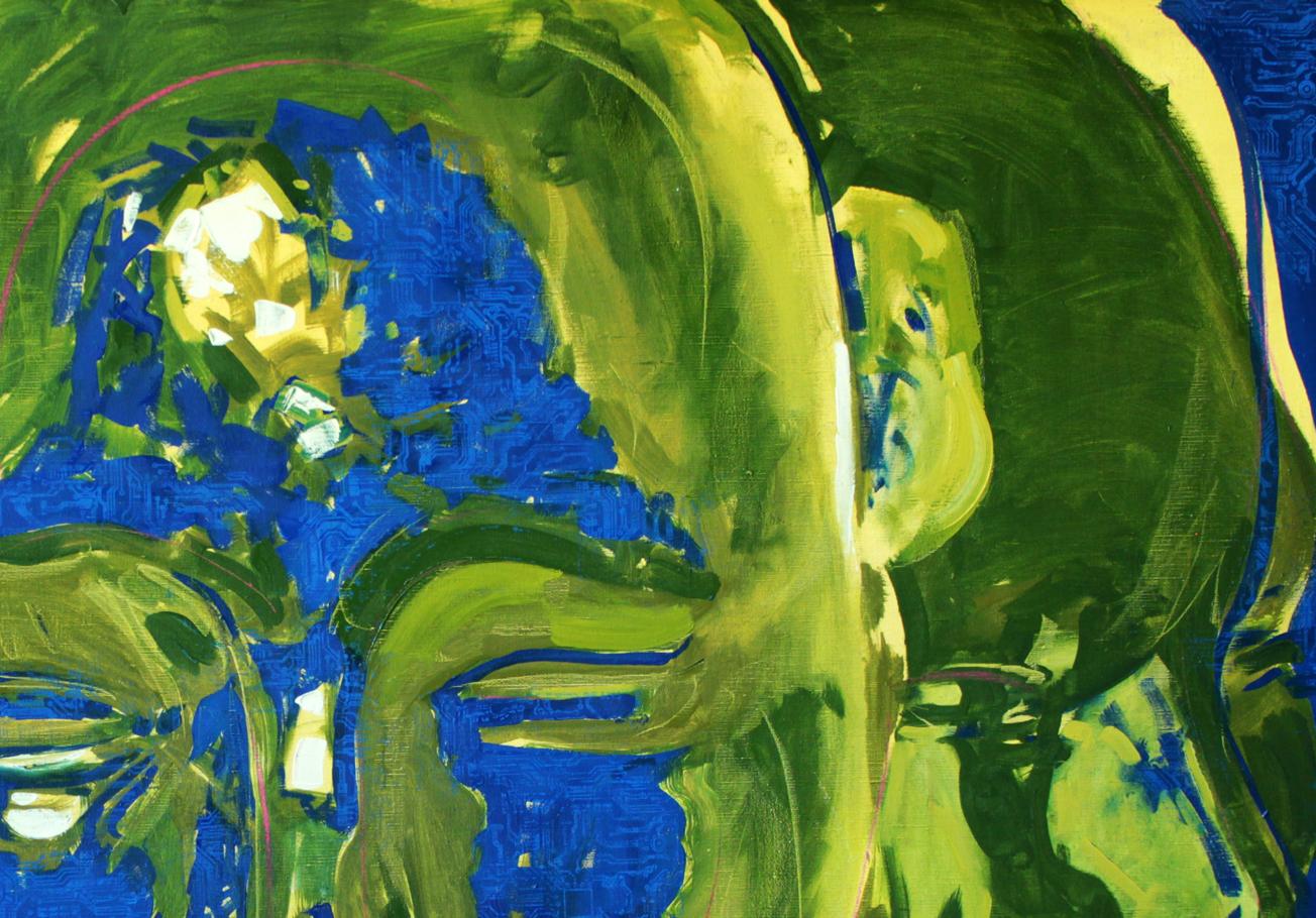 Oil painting Janus Ed Potapenkov with bold green blue strokes and yellow highlight