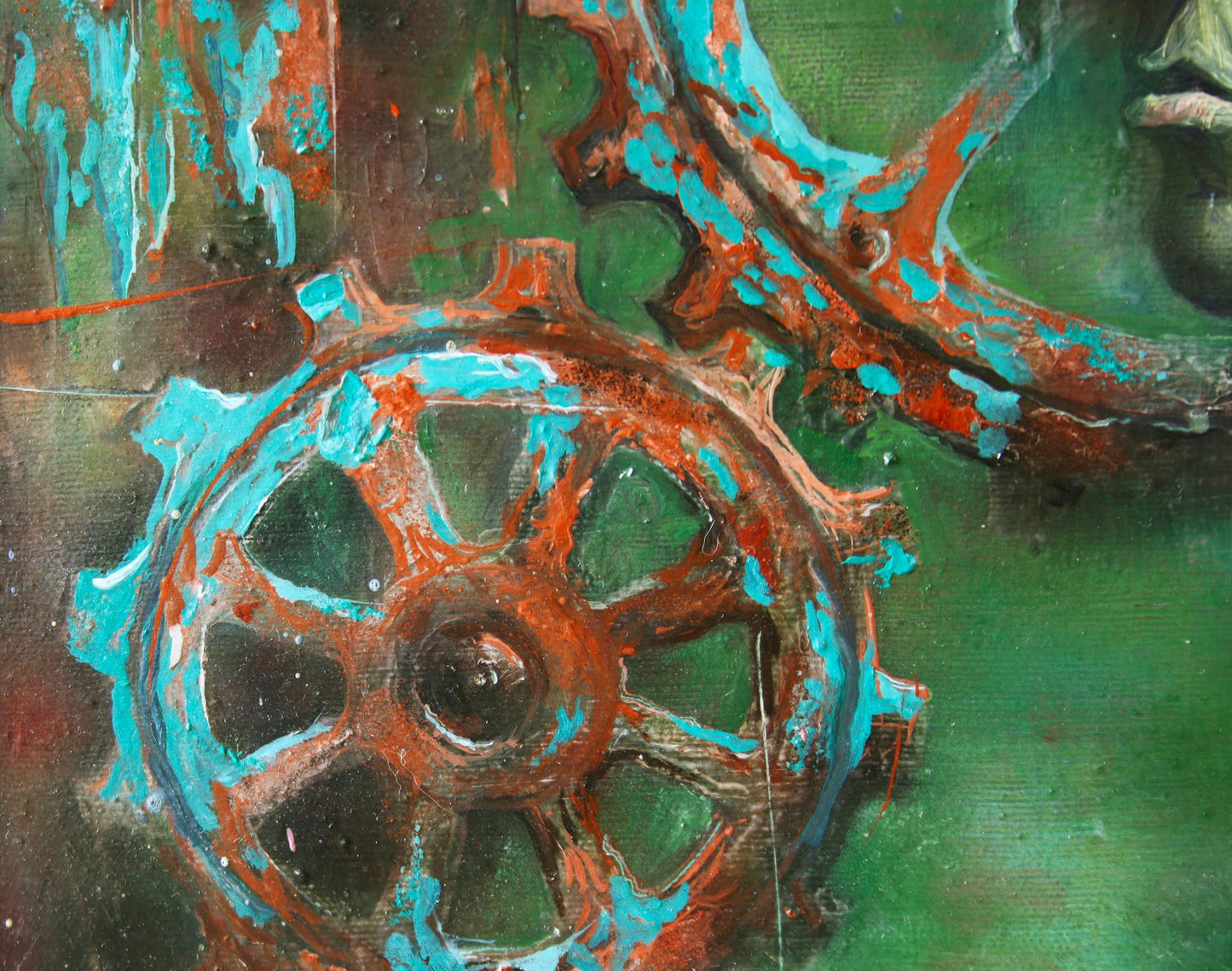 Rust-colored and teal industrial gear oil painting by Alexander Dobrodiy