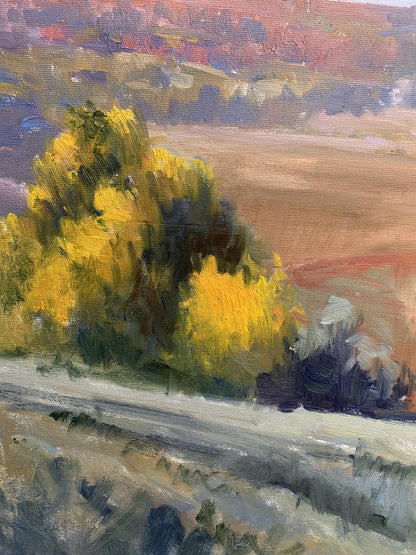 Vibrant yellow tree in Oil painting Hot day by Tatyana Derdey