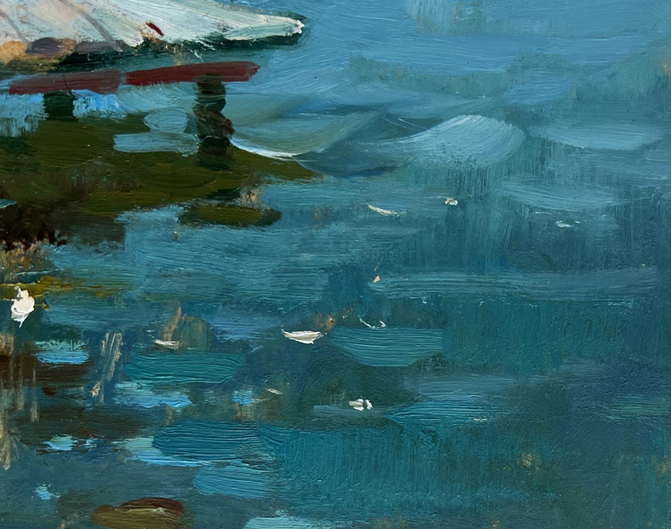 Oil painting Good fishing holiday by Yuriy Suprunchuk, tranquil reflective water