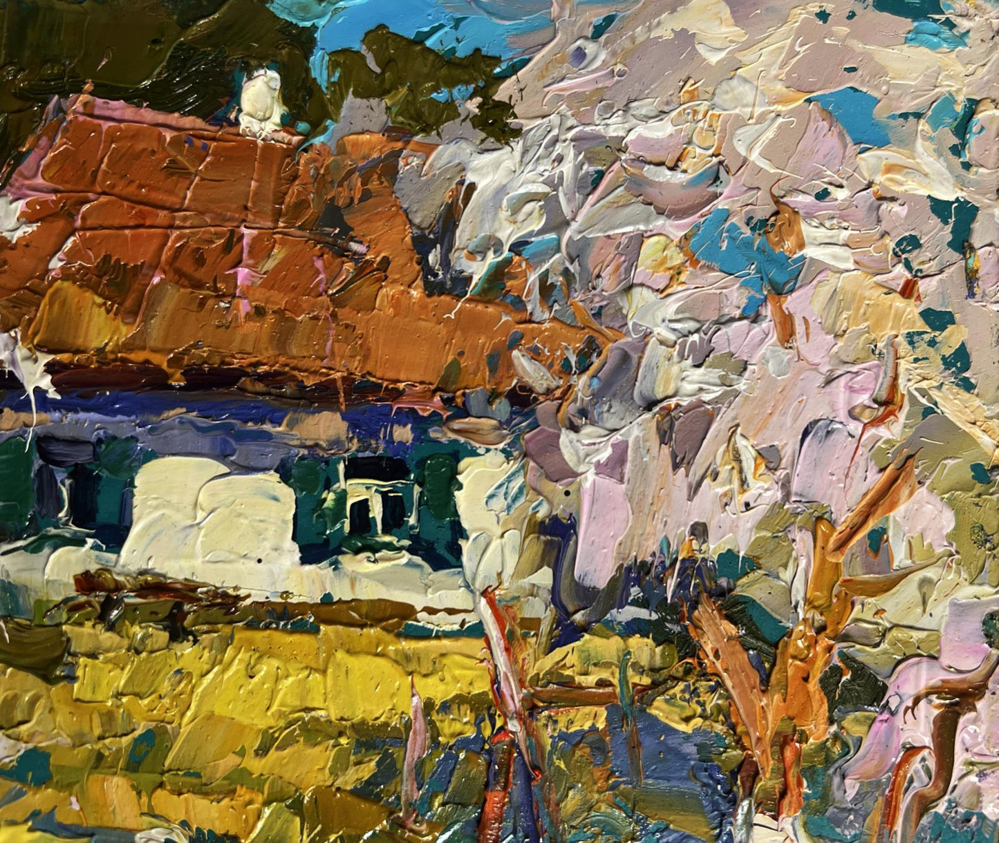 Oil painting of flowering trees in garden by Oksana Ivanyuk, rustic house