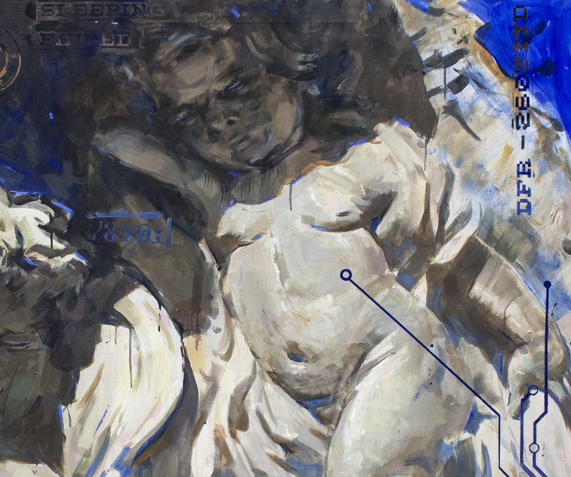 Textured abstract oil painting System angels by Ed Potapenkov in beige, gray, blue