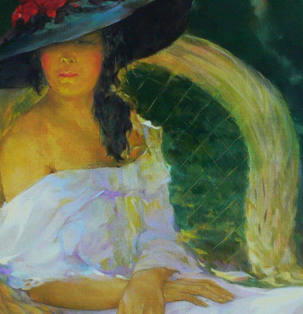 Oil painting of girl in garden by Vasily Korkishko, blue hat and white dress