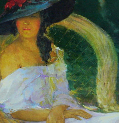 Oil painting of girl in garden by Vasily Korkishko, blue hat and white dress