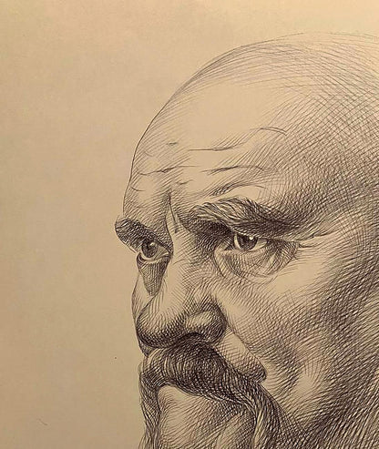 Detailed pencil sketch portrait of mustached man by Natalia Bulat
