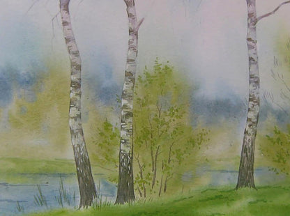 Watercolor coastal birches painting by Valery Savenets, three trees