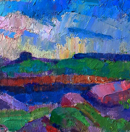 Vibrant impressionist oil painting of river and sunset over meadows by Pavel Dobrev