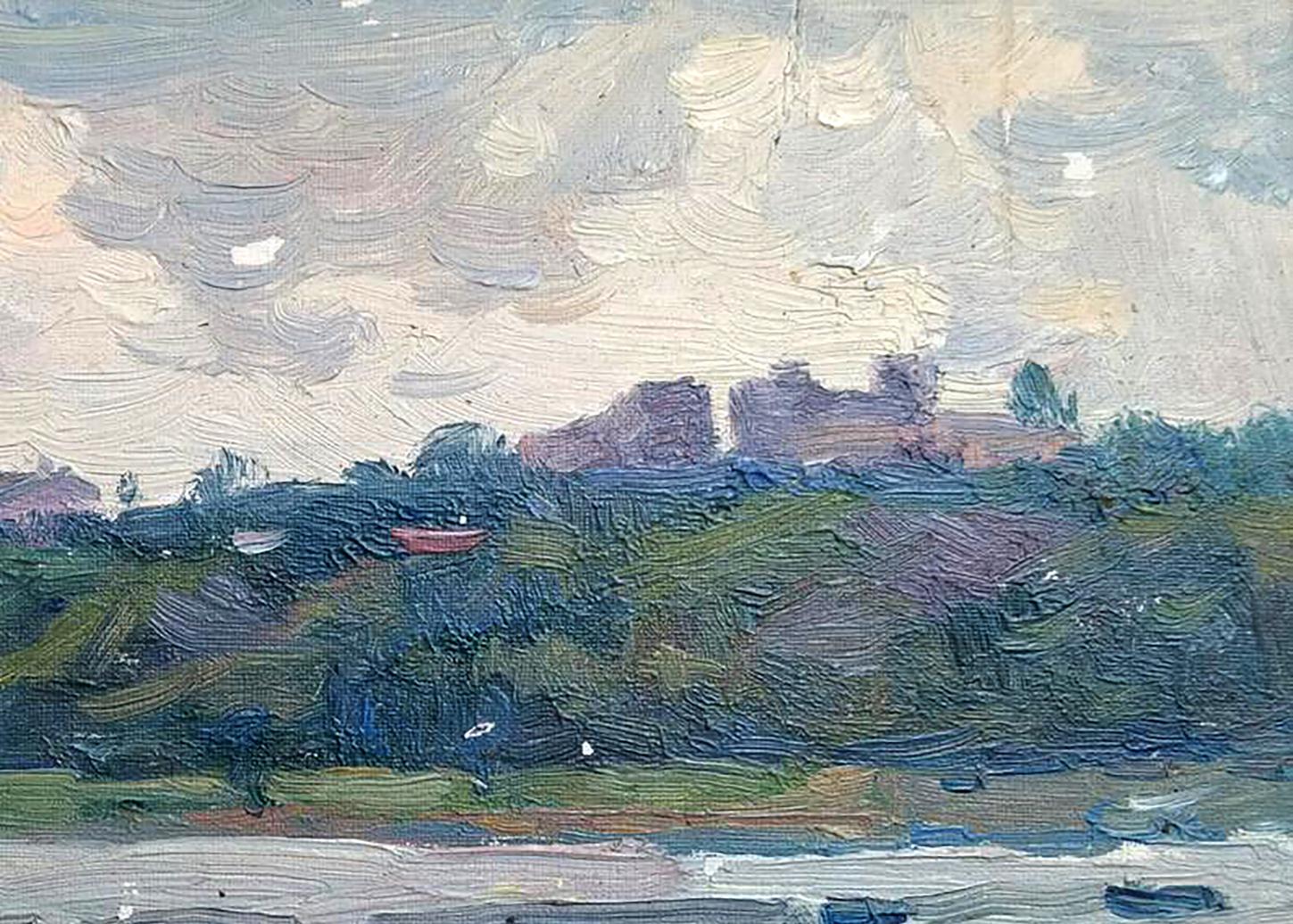 Textured impressionist oil painting of city pier by Yury Konovalov