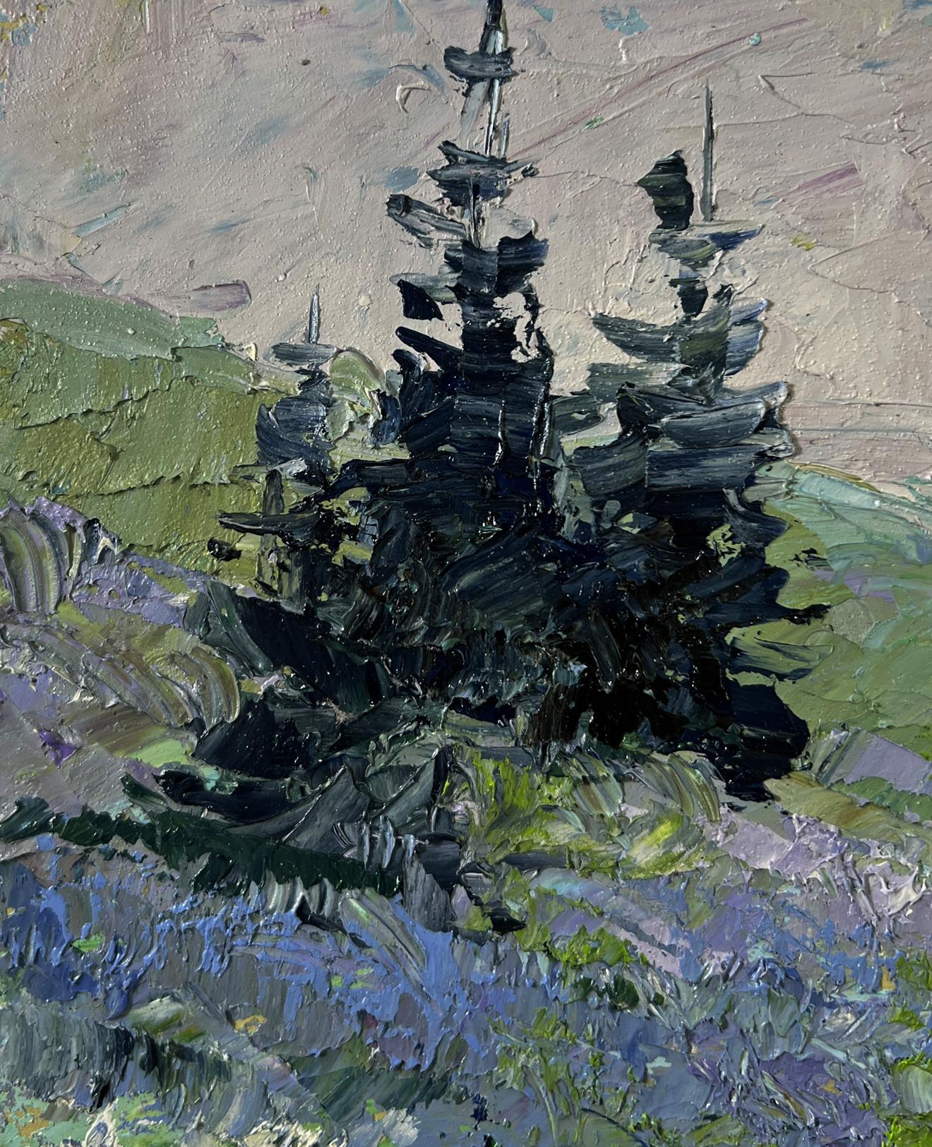 Oil painting of mountain meadows with dark evergreen tree by Boris Serdyuk