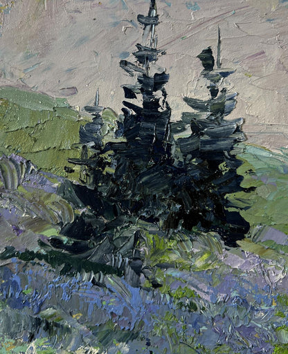 Oil painting of mountain meadows with dark evergreen tree by Boris Serdyuk
