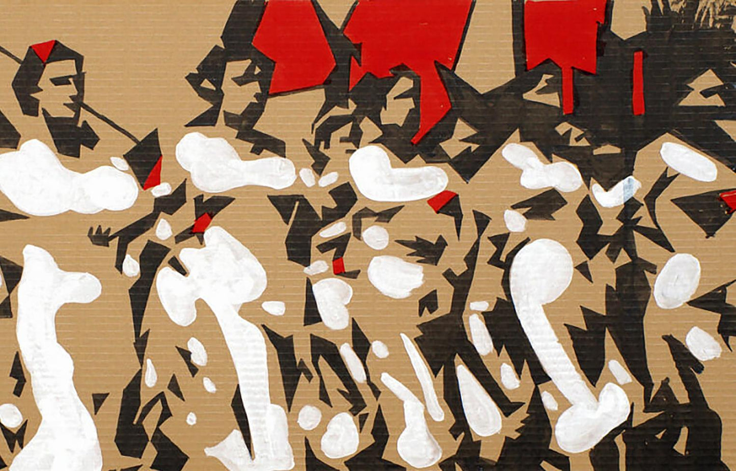 Acrylic painting Transparency of epoch by Dima Filatov: bold black white red geometric shapes on textured brown cardboard
