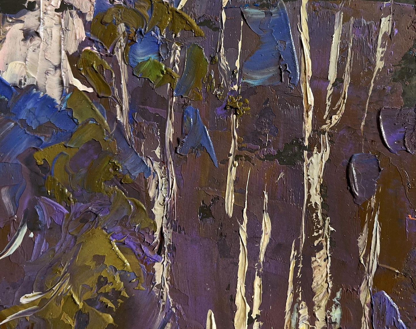 Oil painting Blooming spring by Oleksiy Ivanyuk with purple blue gold strokes
