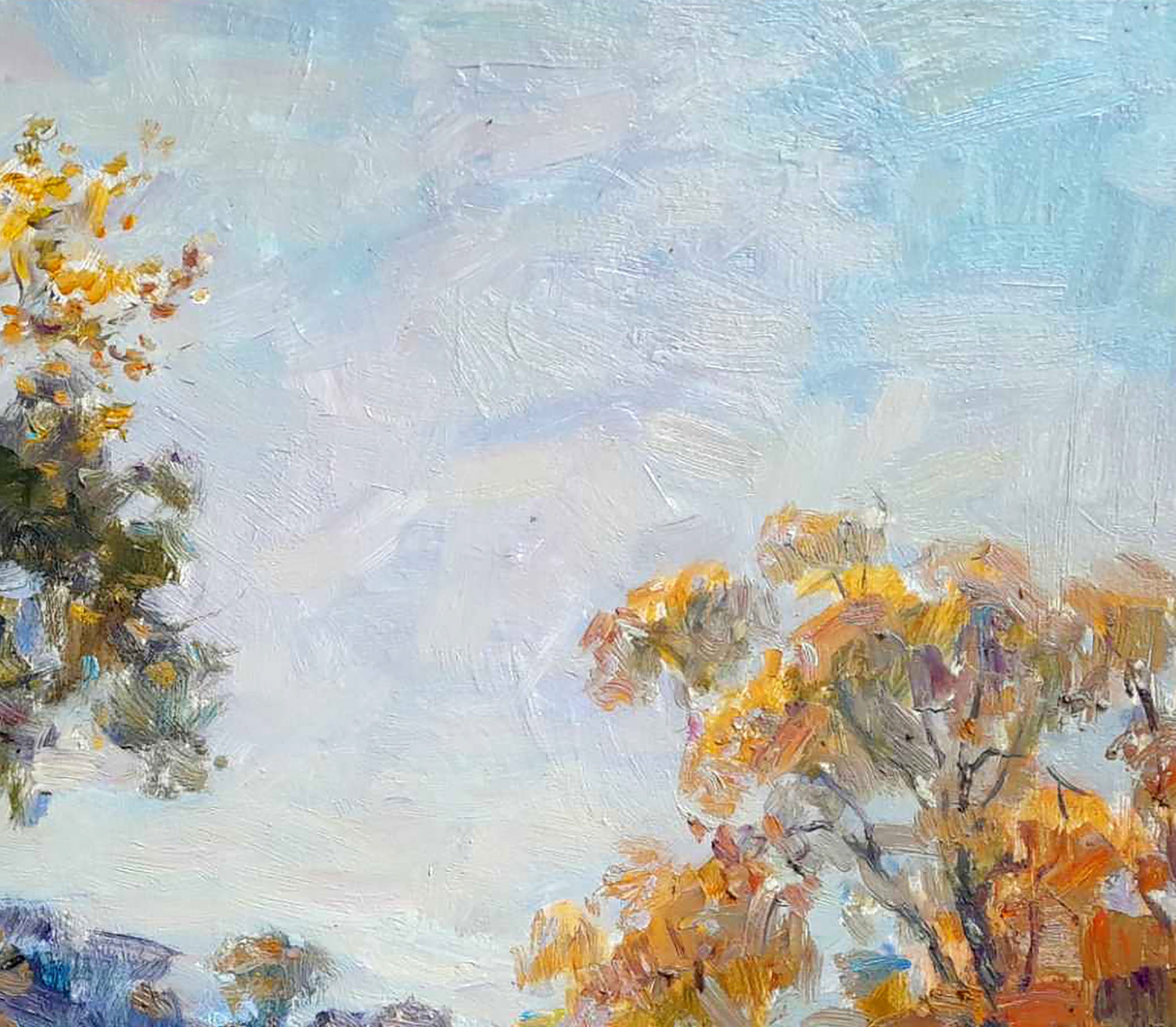 Oil painting Walk along the river by Ivan Kovalenko autumn trees foliage