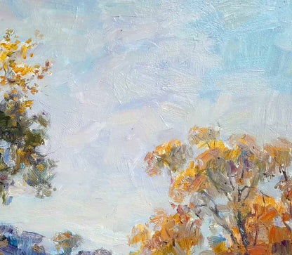 Oil painting Walk along the river by Ivan Kovalenko autumn trees foliage