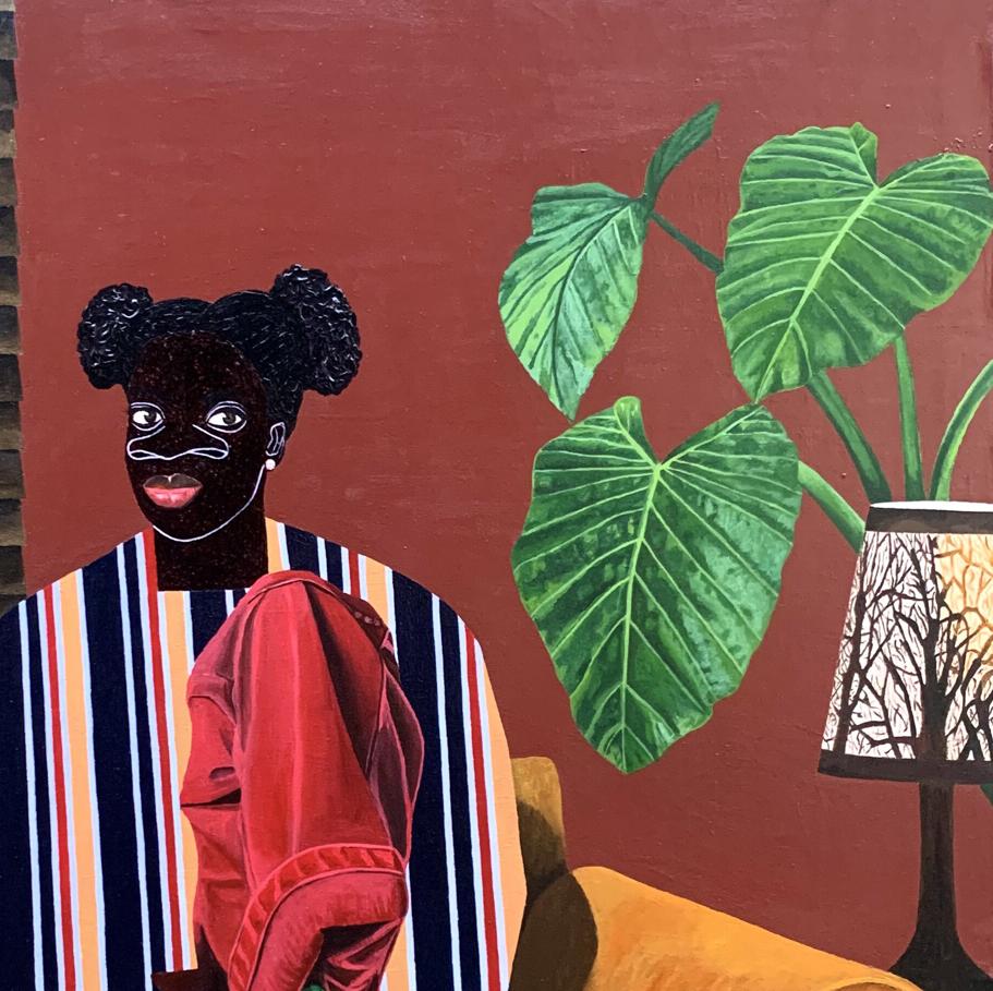 Vibrant acrylic painting Solemn dialogue by Akintomide Akinshola: dark-skinned woman in red jacket