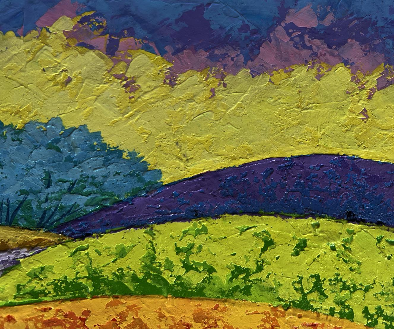 Vibrant oil painting by V. Zadorozhnya: fiery sky over green forest with bold yellow, purple, green brushstrokes
