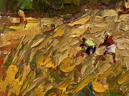 Impasto oil painting by Oleksiy Ivanyuk: Harvesting hay in golden field